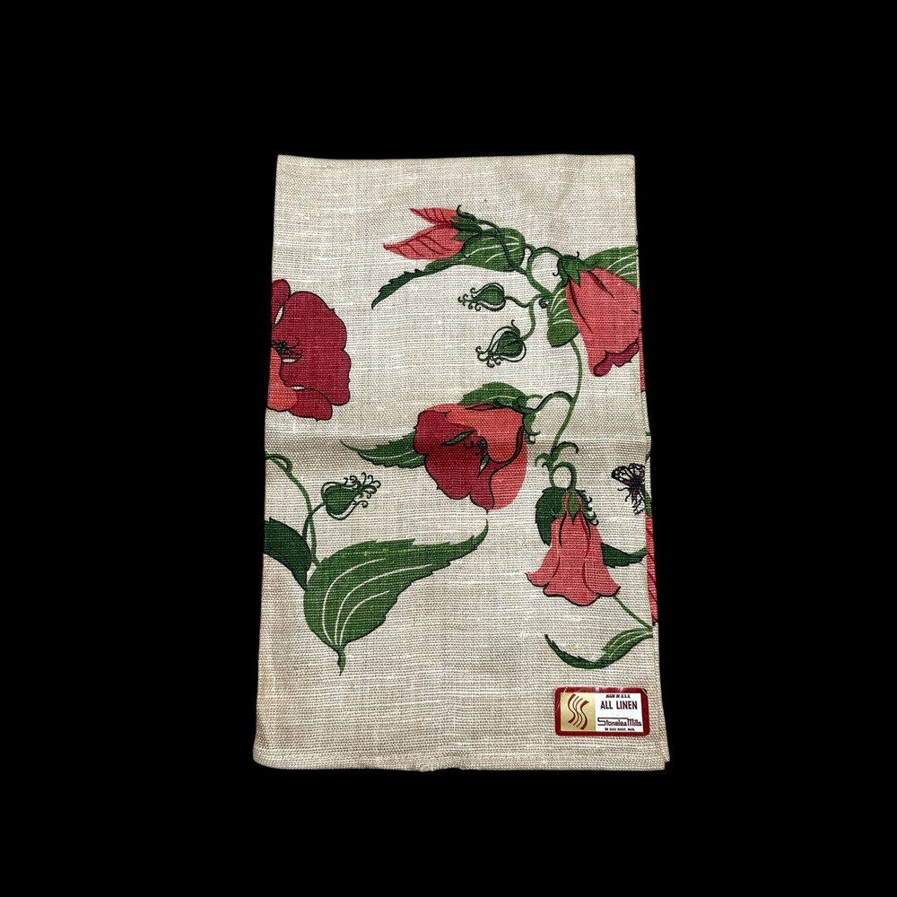 Vintage Stonelea Mills Linen Tea Towel Red‎ Floral Butterfly Made in USA 28x16